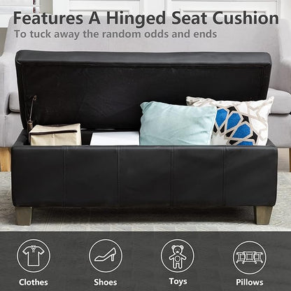 41" Storage Ottoman, Storage Bench with Safety Hinge, Upholstered Synthetic Leather Ottoman Bench for Bedroom, Living Room, Entryway, Hallway, Foot Rest, Support 500lbs, Black