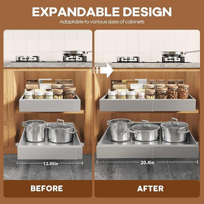 Seinloes 2Pack Expandable Pull Out Cabinet Organizer 21"Deep With Raising Pad for Framed Cabinets, Upgrade 3 Slide Rails Slide Out Drawers,Roll Out Shelves Adhesive,Adjustable Width 12.05"-20.4"Silver