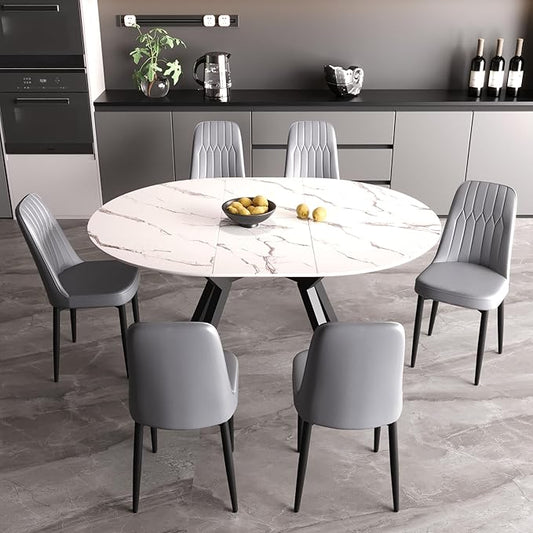 Extendable Round Dining Table Set for 6, 7 piece Dining Table Set with 47-63" Extendable Table and 6 Upholstered Chairs, Modern Sturdy MDF Kitchen Table Set for Small Spaces, Dining Room and Office