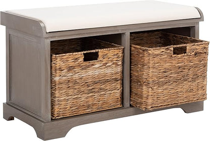 SAFAVIEH Home Collection – Freddy White Wash Storage Bench with Wicker Baskets & Cushion, Entryway Seating Bench, Fully Assembled (AMH5736G)