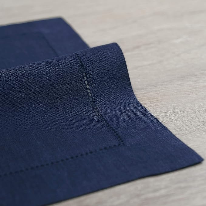 Solino Home Linen Placemats Set of 4 - Classic Hemstitch Navy Blue Placemats 14 x 19 Inch - 100% Pure Linen Table Mats for Winter, Easter