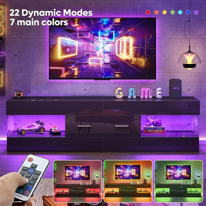 Bestier Black TV Stand for 55/60/65 Inch TV, High Gloss Modern TV Stand with Stone-Patterned Side Panels, LED Entertainment Center with Large Drawer, TV Consoles for Living Room, Bedroom