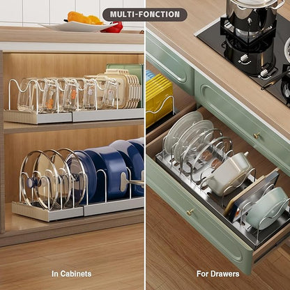 Magheo 2 Pack Expandable Food Storage Container Lid Organizers, 22" Pots and Pans Organizer Under Cabinet with 9 Adjustable Dividers Pot and Pan Lid Holders Rack Inside Cabinet(Gray)
