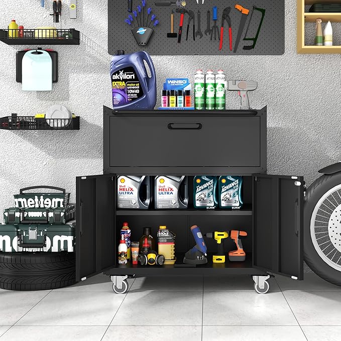 Metal Storage Cabinet with Wheels, Lockable Garage Storage Cabinet with 2 Doors and 1 Drawer, Rolling Tool Cabinet, Assembly Required, Black