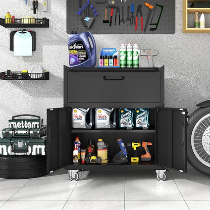 Metal Storage Cabinet with Wheels, Lockable Garage Storage Cabinet with 2 Doors and 1 Drawer, Rolling Tool Cabinet, Assembly Required, Black