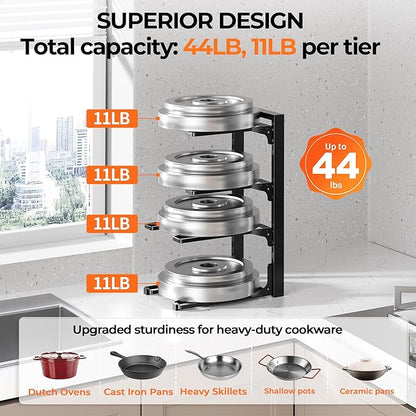 MUDEELA Pots and Pans Organizer under Cabinet 15.75" Tall, 4-Tier Heavy Duty Pan Organizers inside Cabinet Kitchen Storage, Adjustable Pot Rack Holds up to 44 LB Cast Iron Skillets Shallow Cookware
