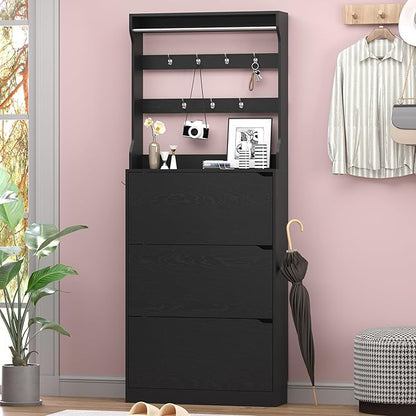 BORNOON Shoe Cabinet with 3 Flip Drawers & Coat Rack, Narrow Hidden Shoe Storage Cabinet, 2-in-1 Hall Tree Slim Freestanding Shoe Rack Organizer for Entryway, Hallway, and Living Room