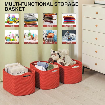 Storage Baskets for Organizing, Storage Basket for Shelves, Toy Towel Basket for Bathroom Nursery, Woven Cotton Rope Baskets for Decor, 15"x11"x9.5", 3 Packs, Brick Red