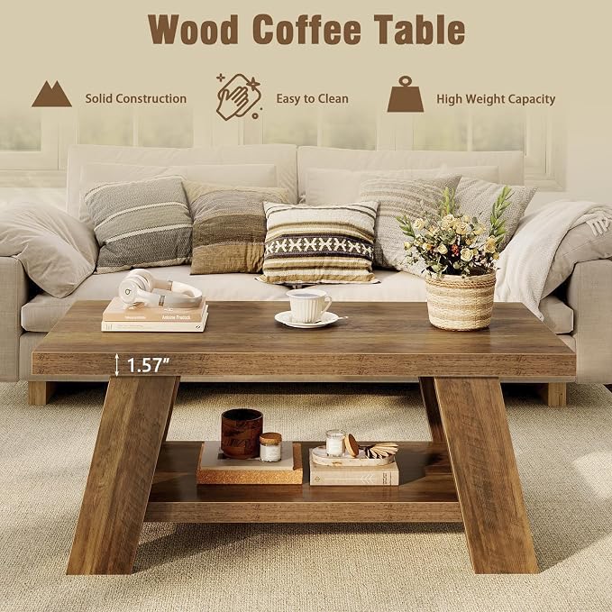 Tohomeor 47.24" Coffee Table for Living Room, Farmhouse Solid Wood Coffee Table with Storage, Rectangle Rustic Accent Center Table with for Home Apartment Office, Retro Brown