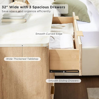 T4TREAM Fluted 3 Drawer Dresser, 32" Tall Modern Chest of Drawers with Faux Marble Top, Curved Profile Design, Wood Drawer Organizer for Bedroom, Living Room, Hallway, Entryway, Natural Oak