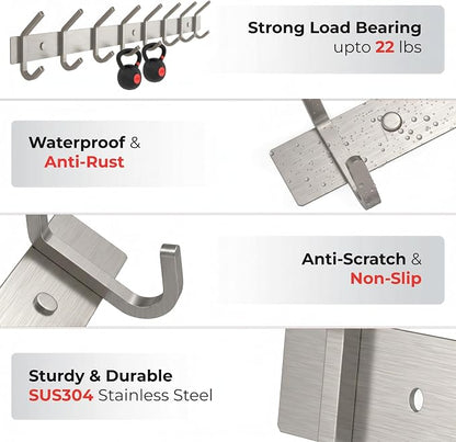 Coat Rack Wall Mount – Brushed Nickel 24 Inch Stainless Steel Hook Rail with 8 Heavy Duty Double Coat Hooks – Wall Mounted Coat Hanger for Entryway, Bathroom, Bedroom, Towel, Hat Organizer