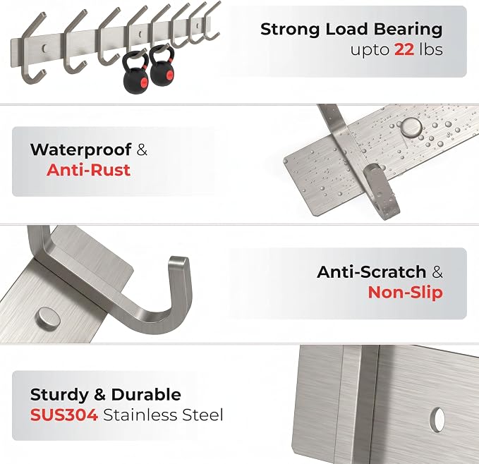 Coat Rack Wall Mount – Brushed Nickel 24 Inch Stainless Steel Hook Rail with 8 Heavy Duty Double Coat Hooks – Wall Mounted Coat Hanger for Entryway, Bathroom, Bedroom, Towel, Hat Organizer - 2 Pack