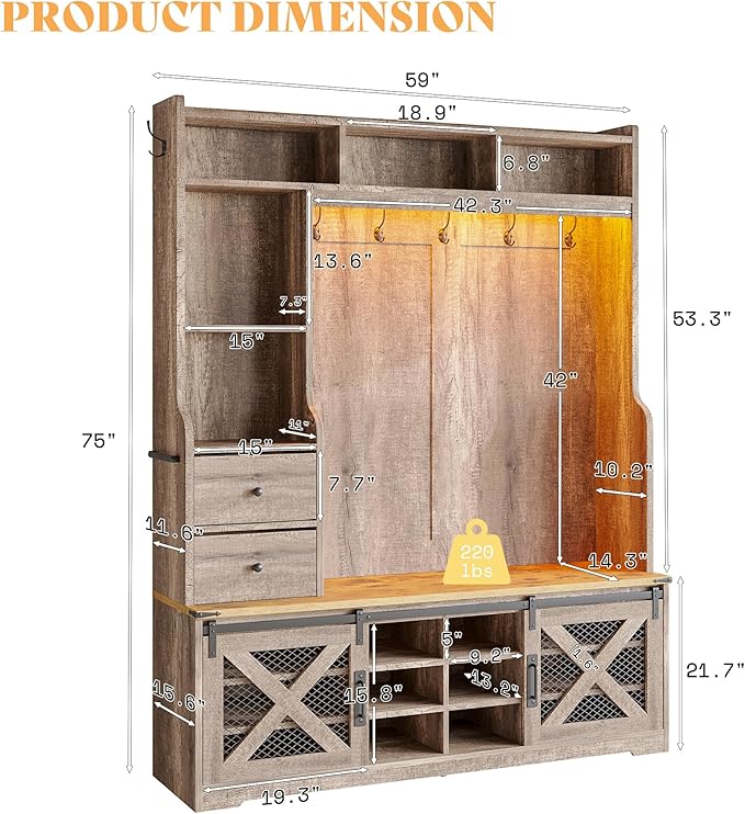 AMERLIFE 7-in-1 Farmhouse Hall Tree with Bench and Shoe Cabinet, LED Entryway Bench with 2 Drawers,12 Shoe Cubbies & Barn Doors, 7 Coat Racks & Adjustable Shelf, Rustic Gray