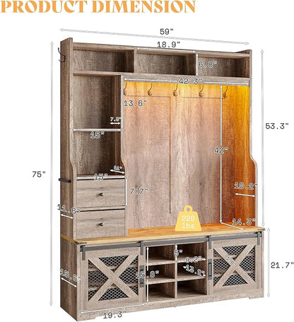 AMERLIFE 7-in-1 Farmhouse Hall Tree with Bench and Shoe Cabinet, LED Entryway Bench with 2 Drawers,12 Shoe Cubbies & Barn Doors, 7 Coat Racks & Adjustable Shelf, Rustic Gray