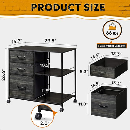 DEVAISE 3 Drawer File Cabinet, Mobile Filing Cabinet Rolling Printer Stand with Open Storage Shelf, Fabric Lateral Filing Cabinet fits A4 or Letter Size for Home Office, Charcoal Black Wood Grain