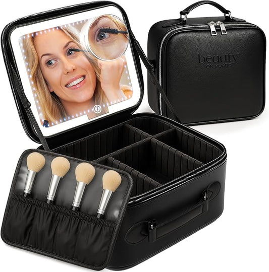 Makeup Bag with LED Mirror, PU Leather Makeup Case - 3 Adjustable Brightness Levels, Lighted Cosmetic Case with Mirror, Dividers - Make Up Portable Storage Travel Organizer with Handle