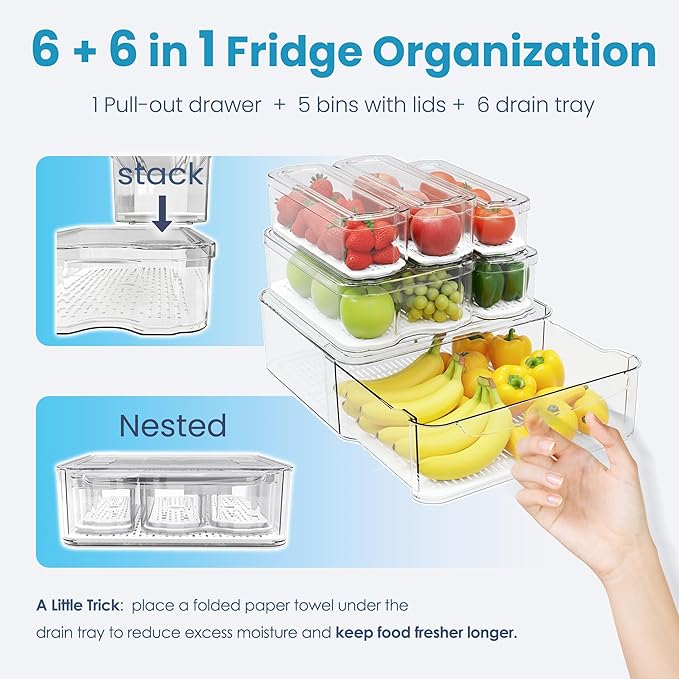 6 Pack Refrigerator Organizers, Clear Pull-out Drawer Container and Organizer Bins with Lids, Stackable Storage Containers for Fruits, Vegetable (Set of 6 (Include Pull Out Drawer))