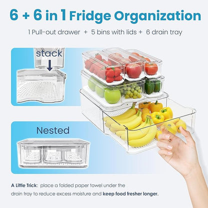 6 Pack Refrigerator Organizers, Clear Pull-out Drawer Container and Organizer Bins with Lids, Stackable Storage Containers for Fruits, Vegetable (Set of 6 (Include Pull Out Drawer))