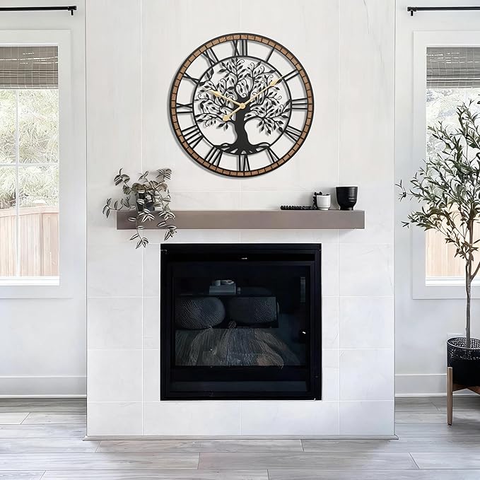 Micasso Non-Ticking Large Wall Clock: 30Inch Tree of Life Metal Black with Solid Wood Frame - Battery Operated Silent Clock for Office/Bedroom/Kitchen - Idea for Fashion-Conscious
