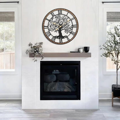 Micasso Non-Ticking Large Wall Clock: 30Inch Tree of Life Metal Black with Solid Wood Frame - Battery Operated Silent Clock for Office/Bedroom/Kitchen - Idea for Fashion-Conscious