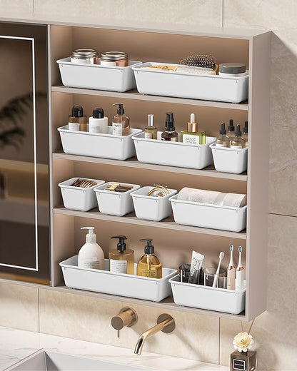 KEMETHY 25 PCS Plastic Drawer Organizers Set, 4 Sizes Vanity Organizer, Makeup and Desk Drawer Organizer Trays, Organization and Storage for Makeup, Bathroom, Kitchen Utensils and Office (White)
