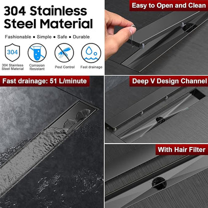 DLONE Linear Shower Drain | 24" AISI 304 Stainless Steel Linear Drain, Gun Gray Shower Drain with Tile Insert Panel & Adjustable Feet, Rectangle Shower Floor Drain in Bathroom, Balcony, etc