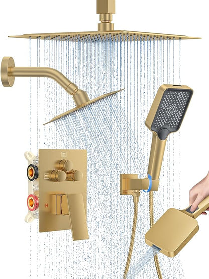 Shower Faucet Set, 10" Ceiling Mount Rainfall Shower System with 2 Rain Shower Head and Multi-function Handheld Head Push Button Diverter Shower Faucet Trim Kit Brushed Gold