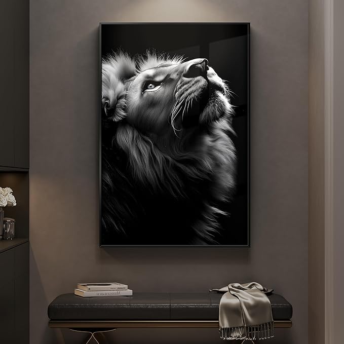 Framed Black and Gray Modern Wall Art, Contemporary Animal Portrait Prints Paintings Artwork for Walls, Minimalist Masculine Lion Pictures for Living Room Dining Bedroom Hallway Wall Decor 24x36 In