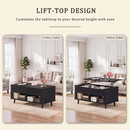 HUAHUU 41.3" Lift Top Coffee Table, Modern Coffee Table with Storage, Fluted Coffee Tables with Lift Tabletop, Hidden Storage Compartment & Lower Shelf for Living Room, Home Office, Black