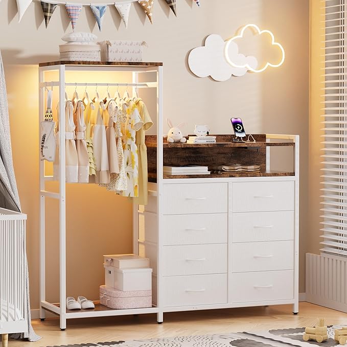 58" H Dresser with Hanging Rack,8 Fabric Drawers, Large Capacity Storage Organizer with USB Charging Station & LED Lights& Hooks for Bedroom Dorm Room Apartment,White