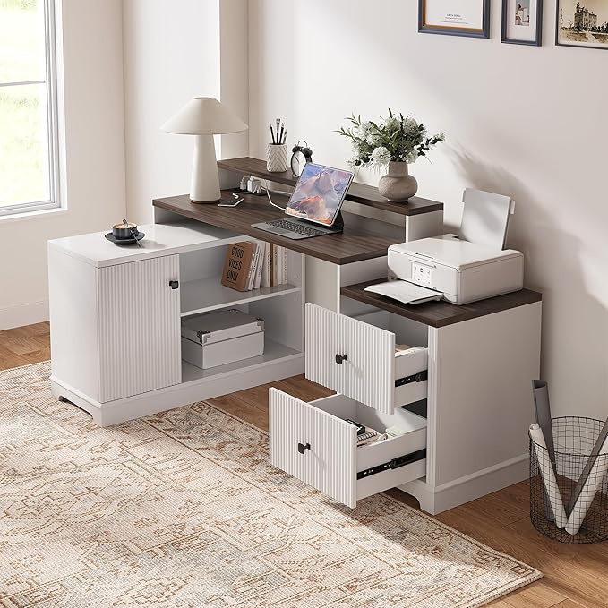 67" L Shaped Executive Desk with Drawers & Storage Shelf, Corner Computer Desk with Power Outlets, Home Office Desk with Monitor Stand, Printer Shelf, Computer Writing Desk for Work, Antique White