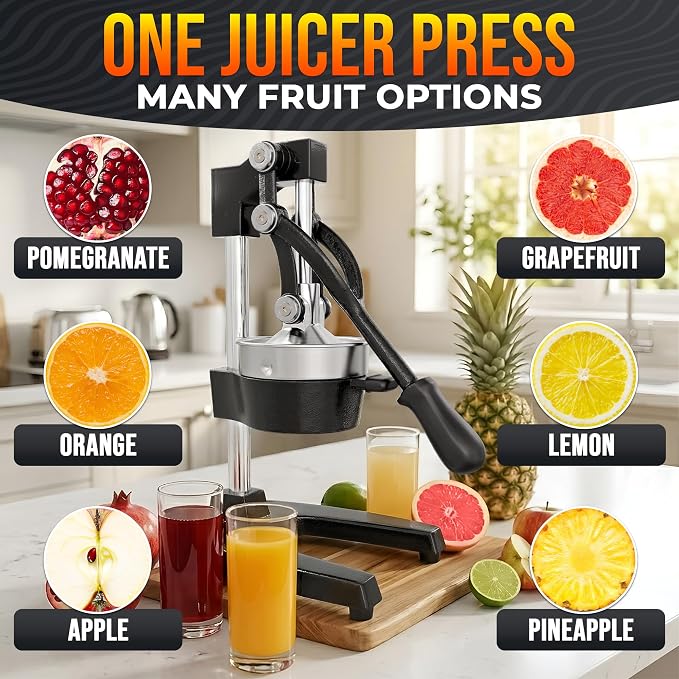 Cast Iron Juicer Hand Press, Heavy-Duty Squeezer – One Pull Extracts Full Juice with No Electricity – Manual Citrus Press Juicer & Orange Squeezer for Lemon, Lime, and Lemonade at Home or Bar (Black)