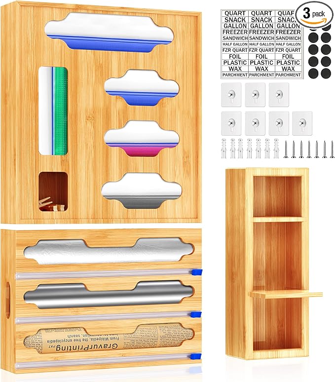 Sandwich Bag & Organizer, Aluminum Foil & Plastic Wrap Cutter, Bamboo Drawer Storage for Gallon, Quart Bags & 12" Rolls (9 in 1)