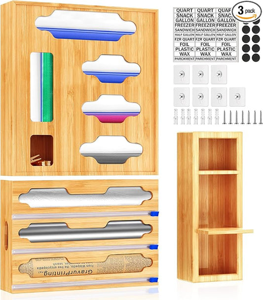 Sandwich Bag & Organizer, Aluminum Foil & Plastic Wrap Cutter, Bamboo Drawer Storage for Gallon, Quart Bags & 12" Rolls (9 in 1)