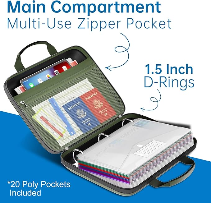 Binder Folders Organizer with 20 Pack Heavyweight Plastic Pockets,Fireproof File Folder Box with Lock,Zipper Binder Bag for Important Documents,Letter Size,Green