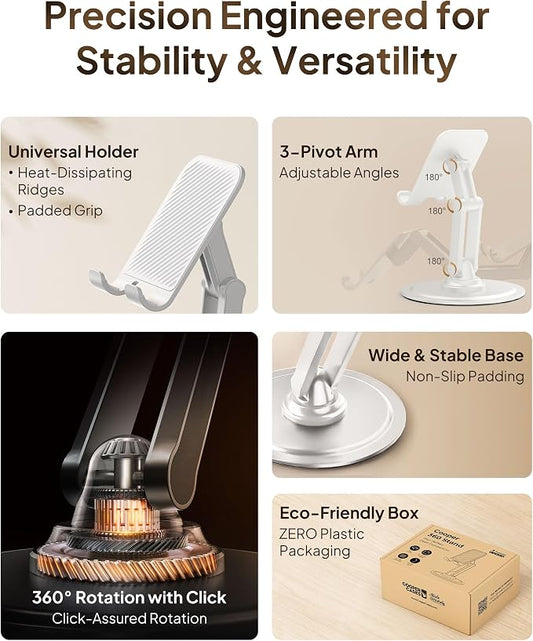 COOPER 360° Stand, [Gift Family Pack], Rotating Cell Phone Stand for Desk, Cell Phone Holder for Desk, iPhone Stand Holder, Sturdy Metal Base, Fits Samsung, Android Smartphones, (Cream White, 2-Pack)