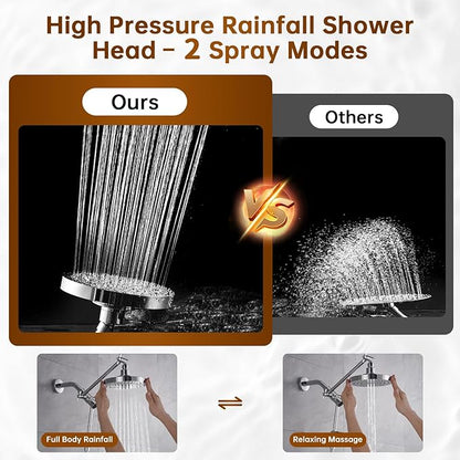 BRIGHT SHOWERS Rain Shower Head with Handheld Spray Built-in Power Wash, High Pressure Dual Shower Head with Height Adjustable Extension Arm, 3-Way Diverter, 9 Settings Handheld, 69” Long Hose, Chrome