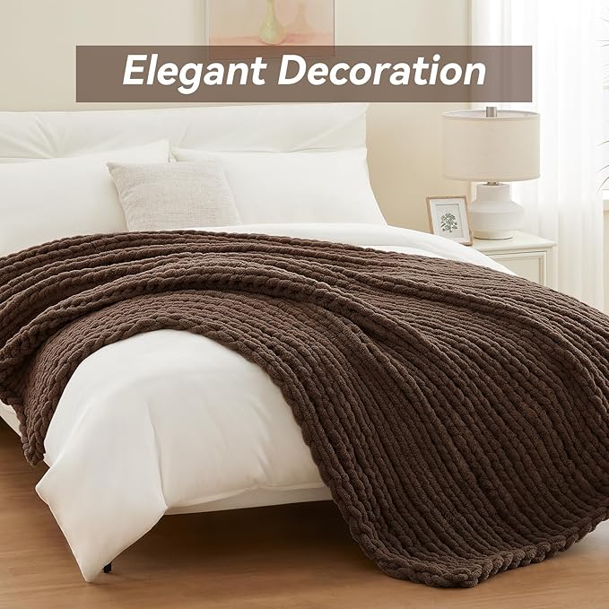 Negwoo Chunky Knit Throw Blanket, 80''*90'' Knitted Throw Chenille Yarn for Bed Couch, Handmade Dark Brown Crochet Big Thick Blanket, Machine Washable Cute Comfy Blanket for Home Decor