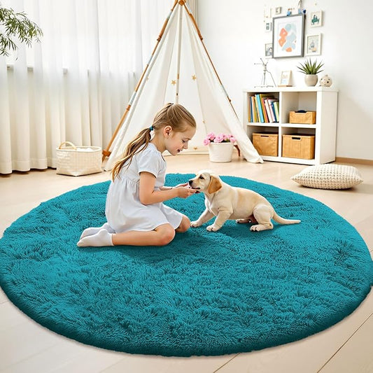 OLANLY Teal Round Rugs for Bedroom - Machine Washable, 9 ft Circle Area Rugs for Living Room, Soft and Fluffy Shaggy Carpet for Teen Girl and Boys, Nursery Rooms, Dorms, Home Decor Aesthetic