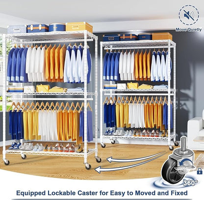 P8 Heavy Duty Clothes Rack（With Extended Width Design） Rolling Clothing Racks for Hanging Clothes，Portable Garment Rack with Lockable Wheels，51.2" W x 15.8" D x 80.5" H，Max Load 700LBS，White