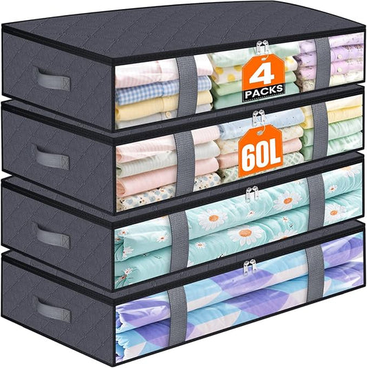 TasticTotes Under Bed Storage Containers, 4 Pack Blanket Storage Bags, Collapsible Storage Bags with Big Zippers, Clear Front, Shoe Storage and Organization for Clothes, Comforter, 60L, Grey