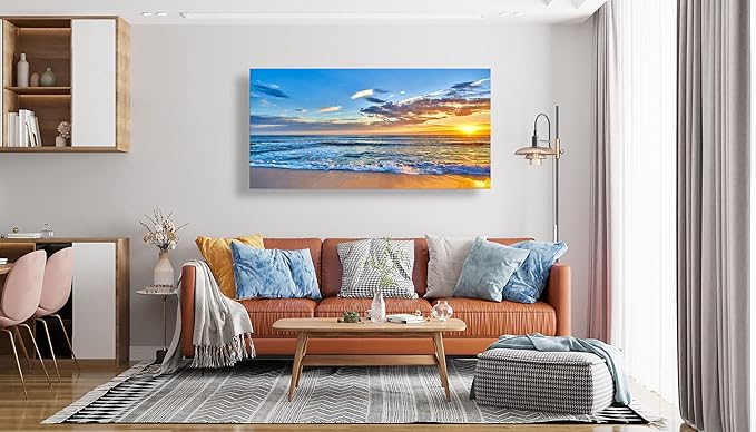 Aibonnly Wall Art Canvas Painting Seaside Sunset over the beaches 1 Piece blue sea view Ocean Picture Poster Print Framed and Stretched Ready to Hang for Living Room Bedroom Kitchen Office