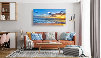 Aibonnly Wall Art Canvas Painting Seaside Sunset over the beaches 1 Piece blue sea view Ocean Picture Poster Print Framed and Stretched Ready to Hang for Living Room Bedroom Kitchen Office