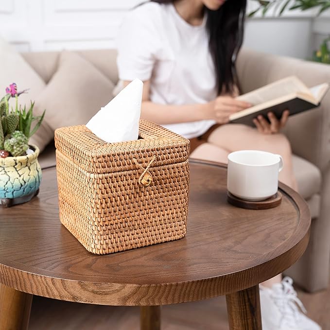 Rattan Square Tissue Box Cover- 5.7" x 5.7" x 5"-Decorative Woven Facial Tissue Holder with Hinged Top Lid- Facial Box for Home, Office,Bathrooms, Decoration (Yellow)