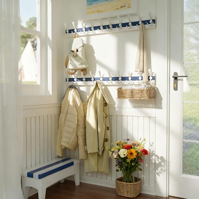 SKOLOO Coastal Coat Rack Wall Mount-38-1/8 Beach House Entryway Wooden Coat Hook with 10 Hooks for Hanging Coats, Hats or Towels, Oceanfront Cottage Core Collection, White & Blue, Pack of 2