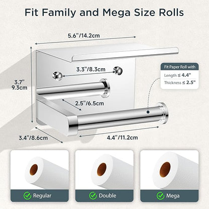 FORIOUS Toilet Paper Holder with Shelf, Adhesive or Screw Wall Mount Toilet Roll Holder for Bathroom, Rustproof 304 Stainless Steel Commercial Toilet Tissue Holder with Phone Shelf, Chrome