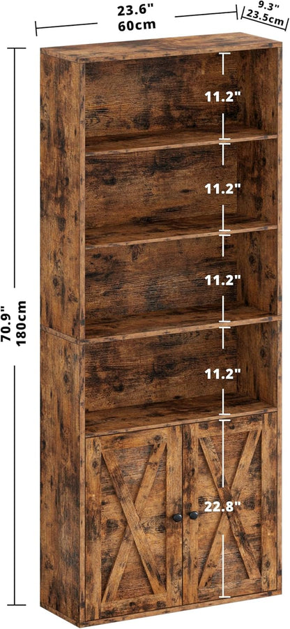 IRONCK Industrial Bookshelves and Bookcases with Doors Floor Standing 6 Shelf Display Storage Shelves 70 in Tall Bookcase for Home Office, Living Room