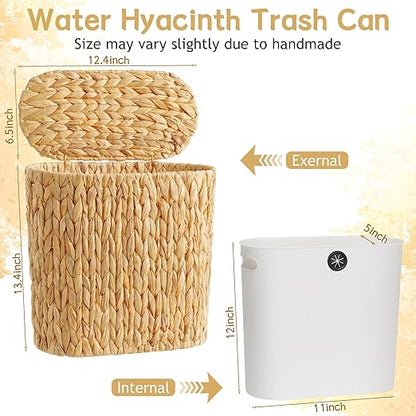 iEGrow 3 Gallon Wicker Trash Can, Bathroom Trash Can with Lid, Narrow Natural Water Hyacinth Waste Basket with Removable Liner, Boho Garbage Can for Bedroom, Office, Small Spaces Living Room, Toilet