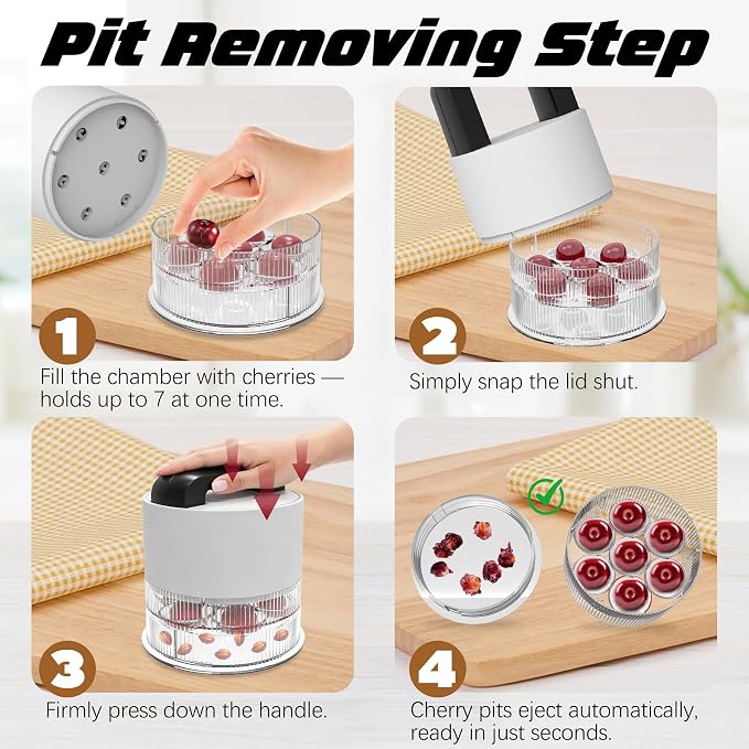 Cherry Pitter Tool,Pit 7 Cherries at Once,Multi-Function Pitting Tool, Portable Cherries Corer Stoner Seed Tool with Ergonomic Push Design,Easy to Use for Making Cherry Jam (White)