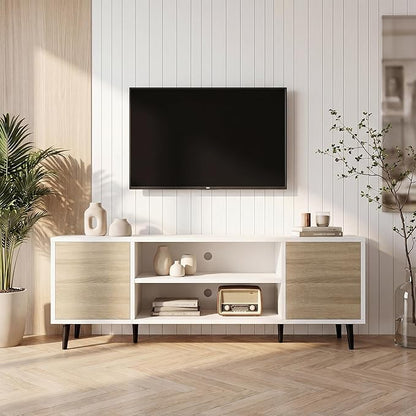 JUMMICO Mid-Century Modern TV Stand for 43-55 Inch TVs, 50 Inch Media Console with Storage, Entertainment Center with Push-Open Cabinets and Cable Management for Living Room (Oak, 50 Inches)